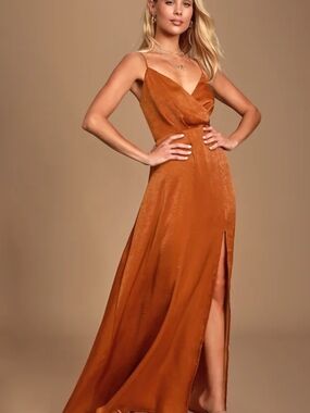 Lulu's Constantine Rust Orange Satin Slip Maxi Dress with Side Slit